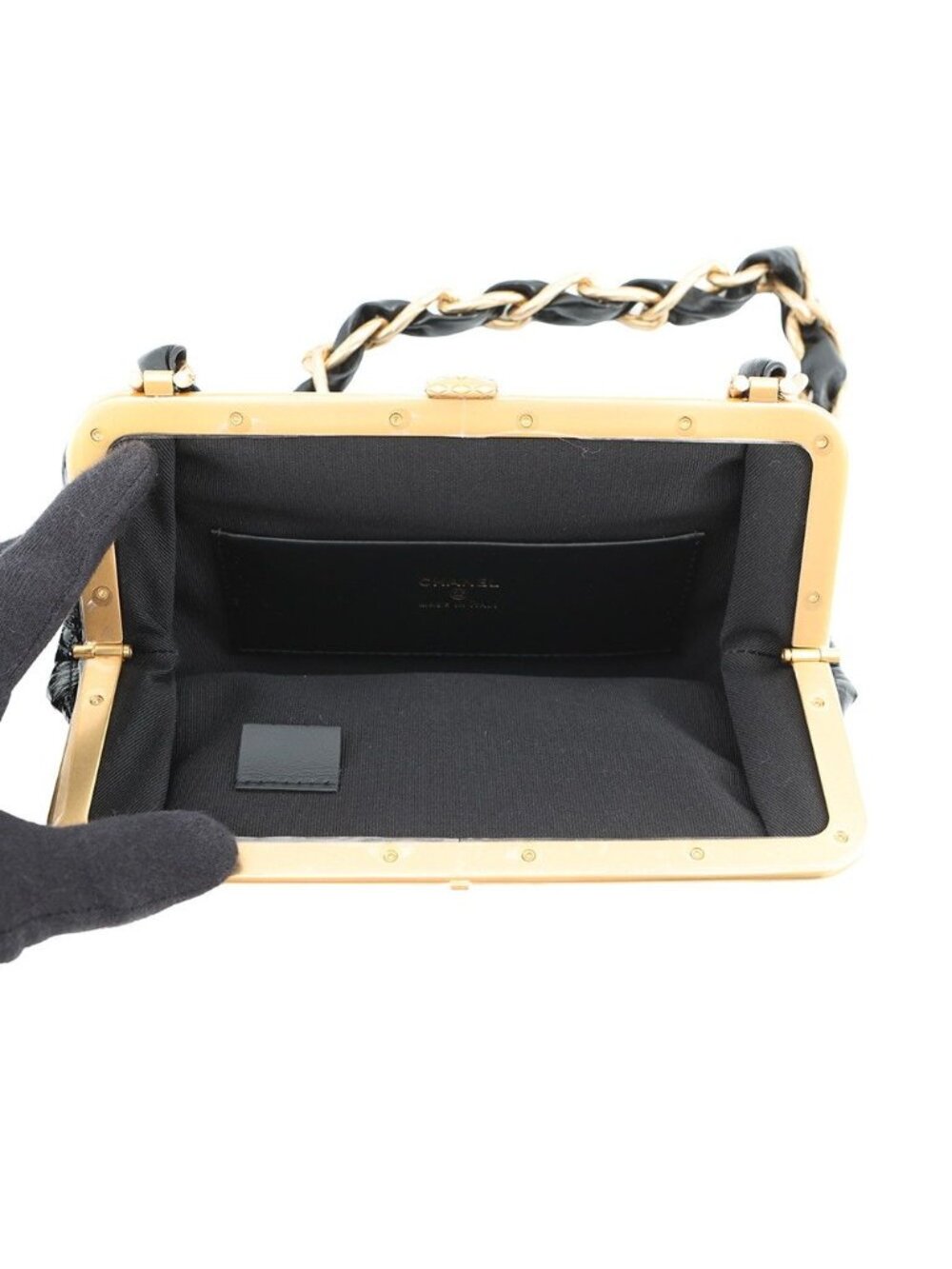 Chanel Shoulder Bag Quilted CC Logo Ribbon Chain Clutch Patent Black - Picture 5 of 10